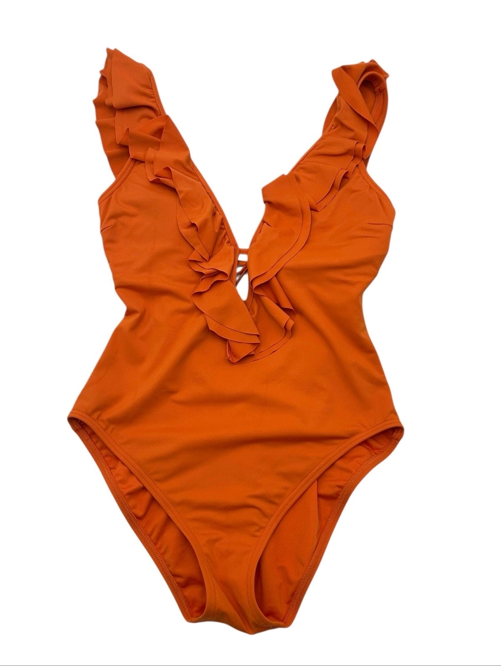 MICHAEL Michael Kors Ruffle Plunge One-Piece Swimsuit Orange Mimosa 10 *FLAW*